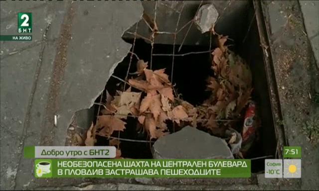 Необезопасена шахта на централен булевард в Пловдив застрашава пешеходците